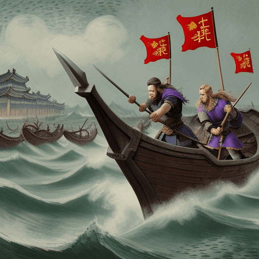 AI generated: Two vikings attacking Suzhou, in the style of van Gogh