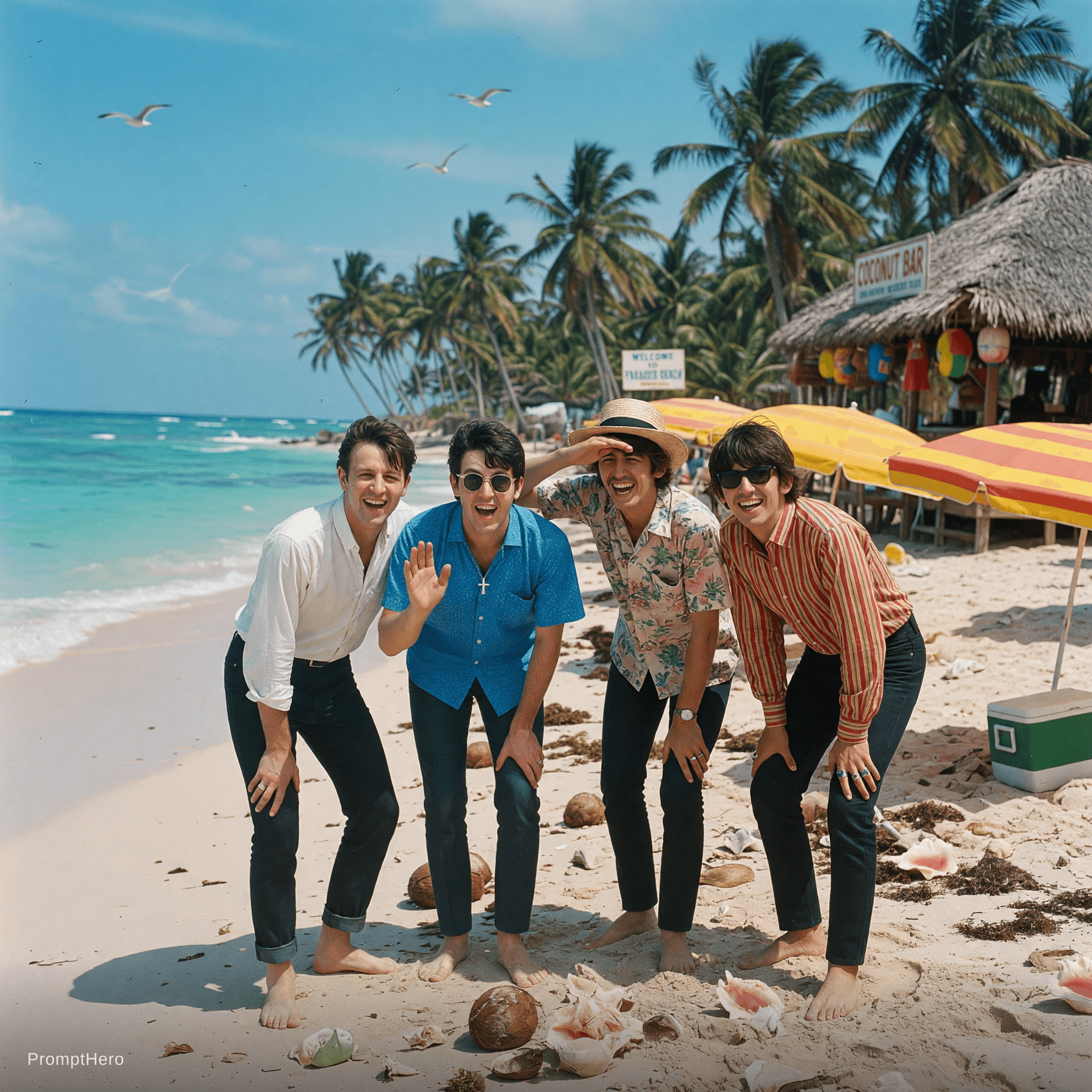 AI generated: with the beatles at a tropical beach, sunny day, both smiling