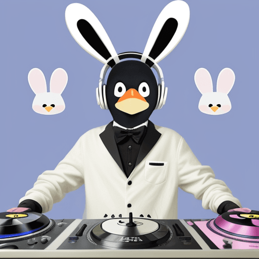 AI generated: a penguin dj with his bunny ears headphones celebrating easter in the style of Pablo Picasso prompts...