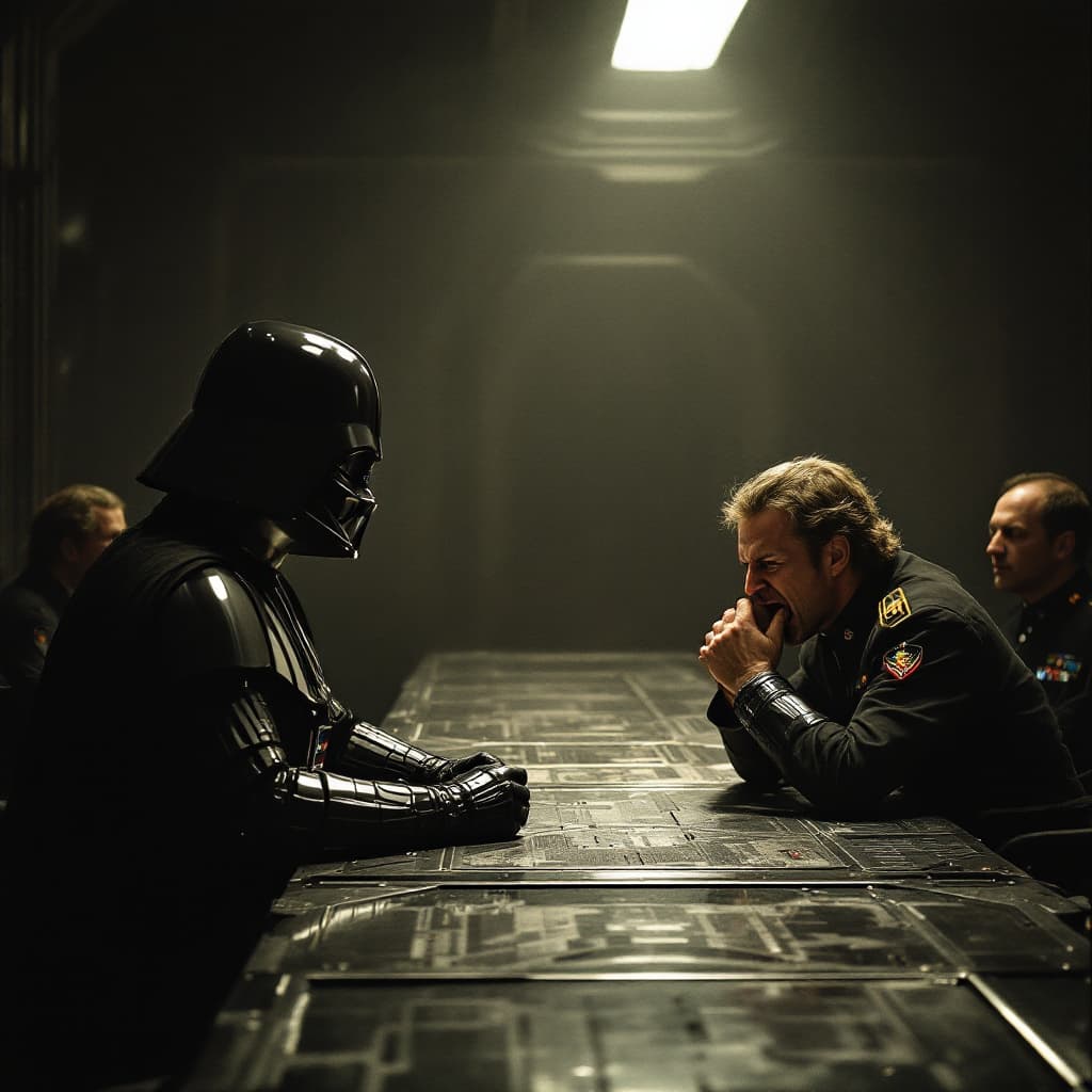 AI generated: "Darth Vader sits at a long, dimly lit metallic conference table. The imposing black armor of the Si...