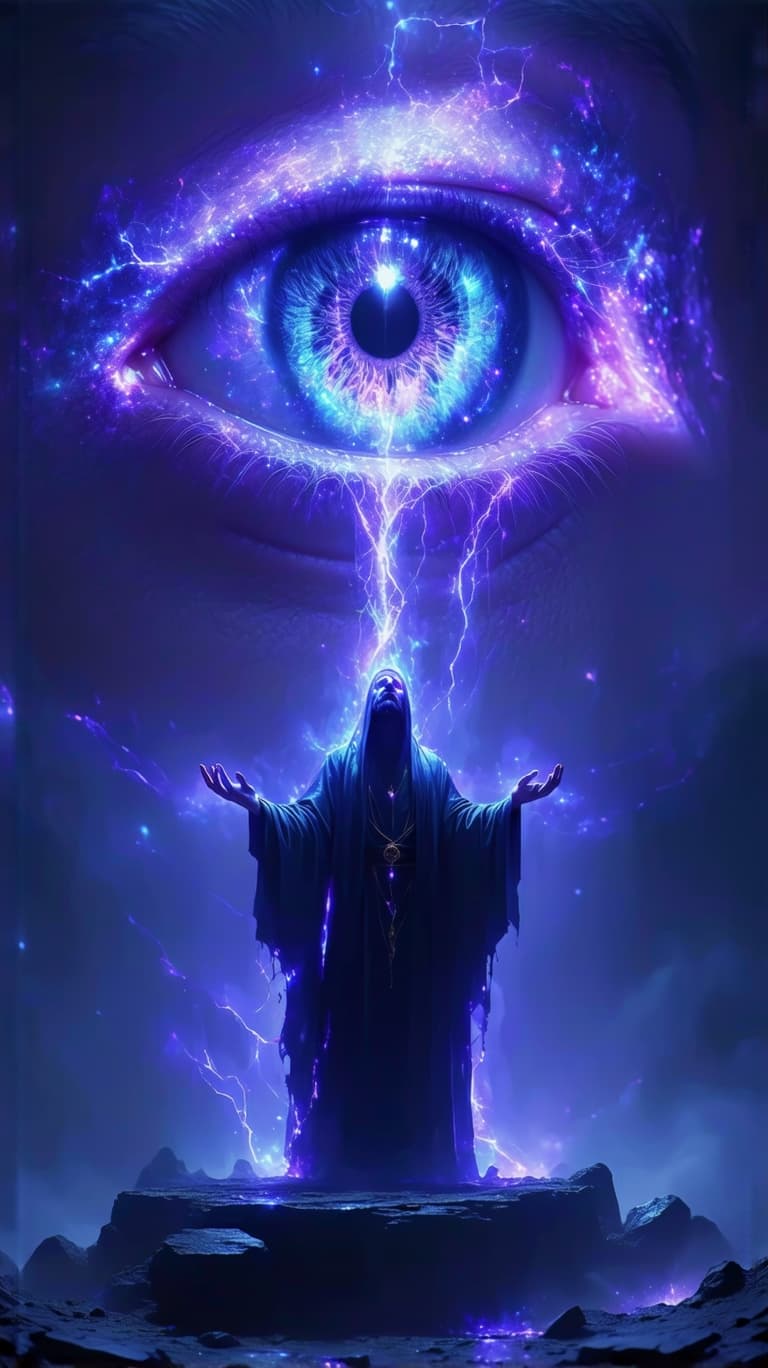 AI generated: A mystical figure levitates above a floating obsidian altar, their robes shifting through opalescent...