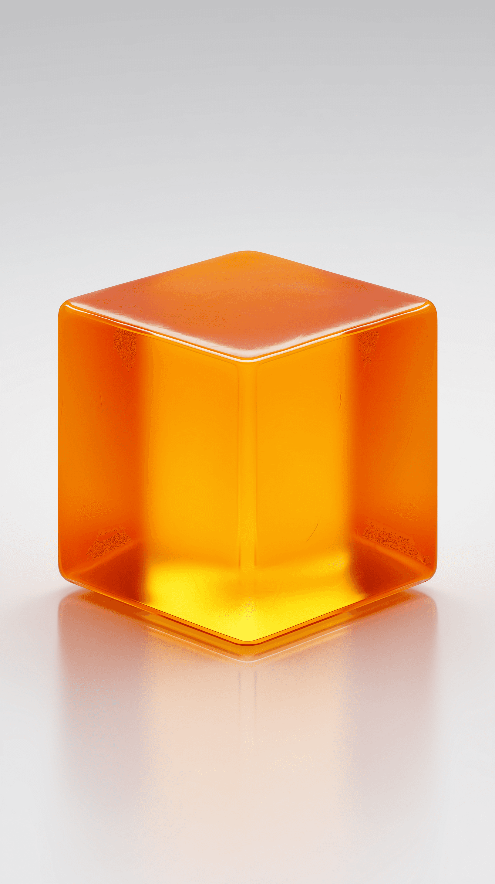 AI generated: realistic, close-up, front shot, transparent gradient orange frosted glass cube, standing upright an...