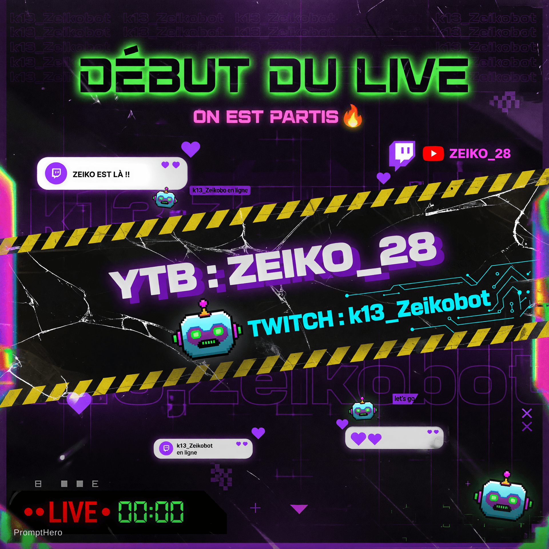 AI generated: creer une image pour une scène pour mon live twitch en disant debut du live avec mon pseudos YTB ZEI...