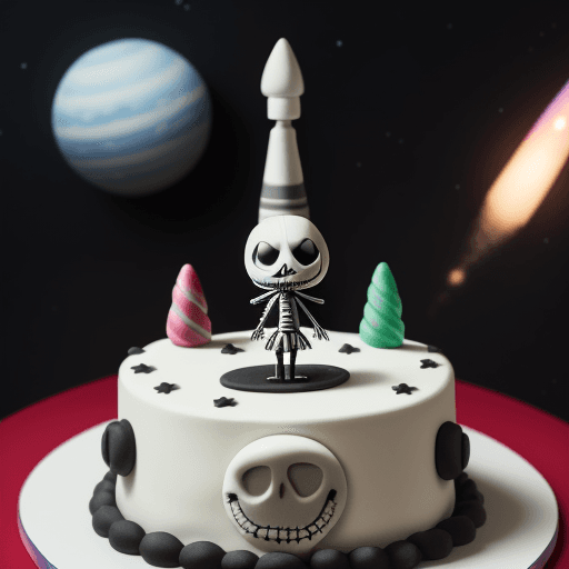 AI generated: Midjourney style, Space X make a rocket out of birthday cake, jack skellington face watching over th...