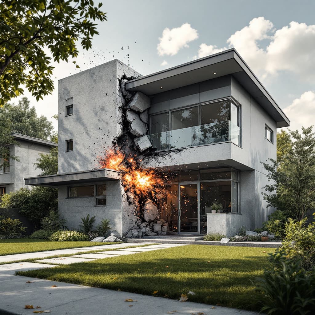 AI generated: Hyper realistic eye level exterior photo of a mid century modern style . An enemy attack hits a Hero...