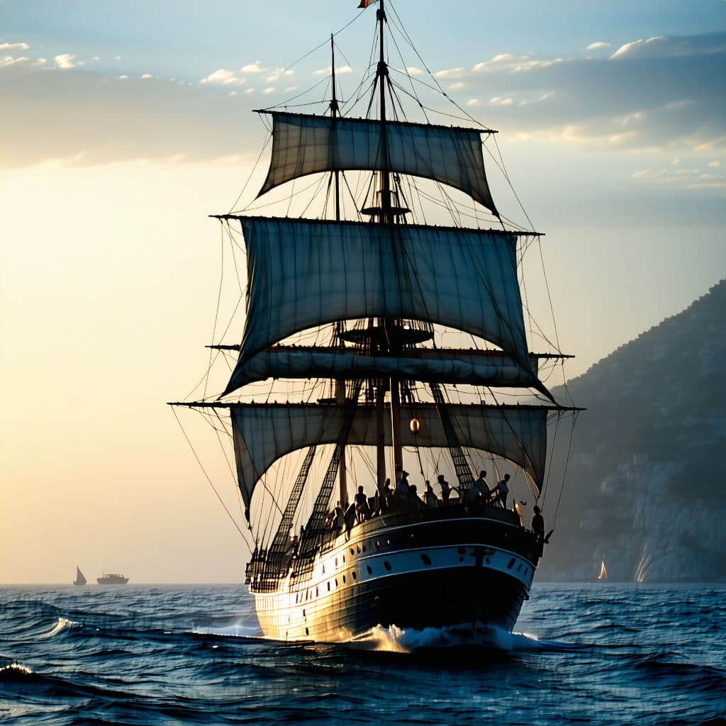 AI generated: Photo of a ultra realistic sailing ship, dramatic light, pale sunrise, cinematic lighting, battered,...