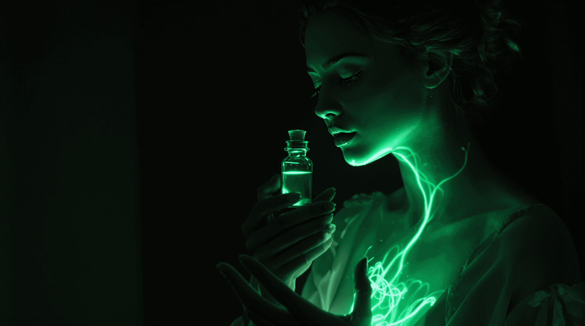 AI generated: A Stunning woman stands still in the dim light, her head tilted slightly as a small, ornate vial of ...