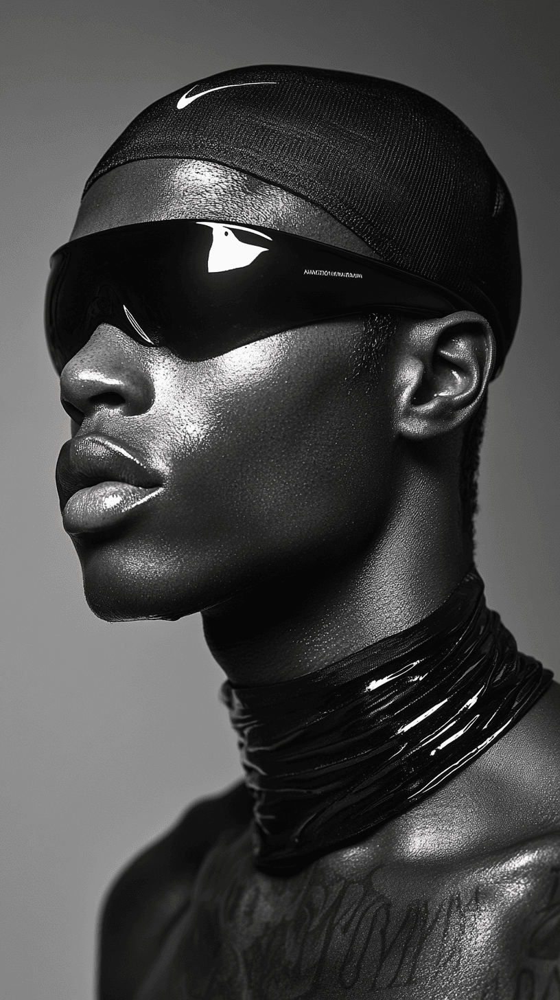 AI generated: Symetrical ultra Closeup of a dope faced tattoed model, dark mirror glazed Nike sport outfit, Minima...