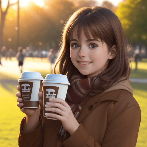 AI generated:  brown haired girl, sunny day in park, she holds a takeaway coffee in his hands, sunrise, in light, ...