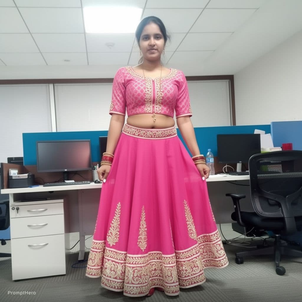 AI generated: show her in smaller tightly fitted cropped pink choli blouse with intricate patterns and low necklin...
