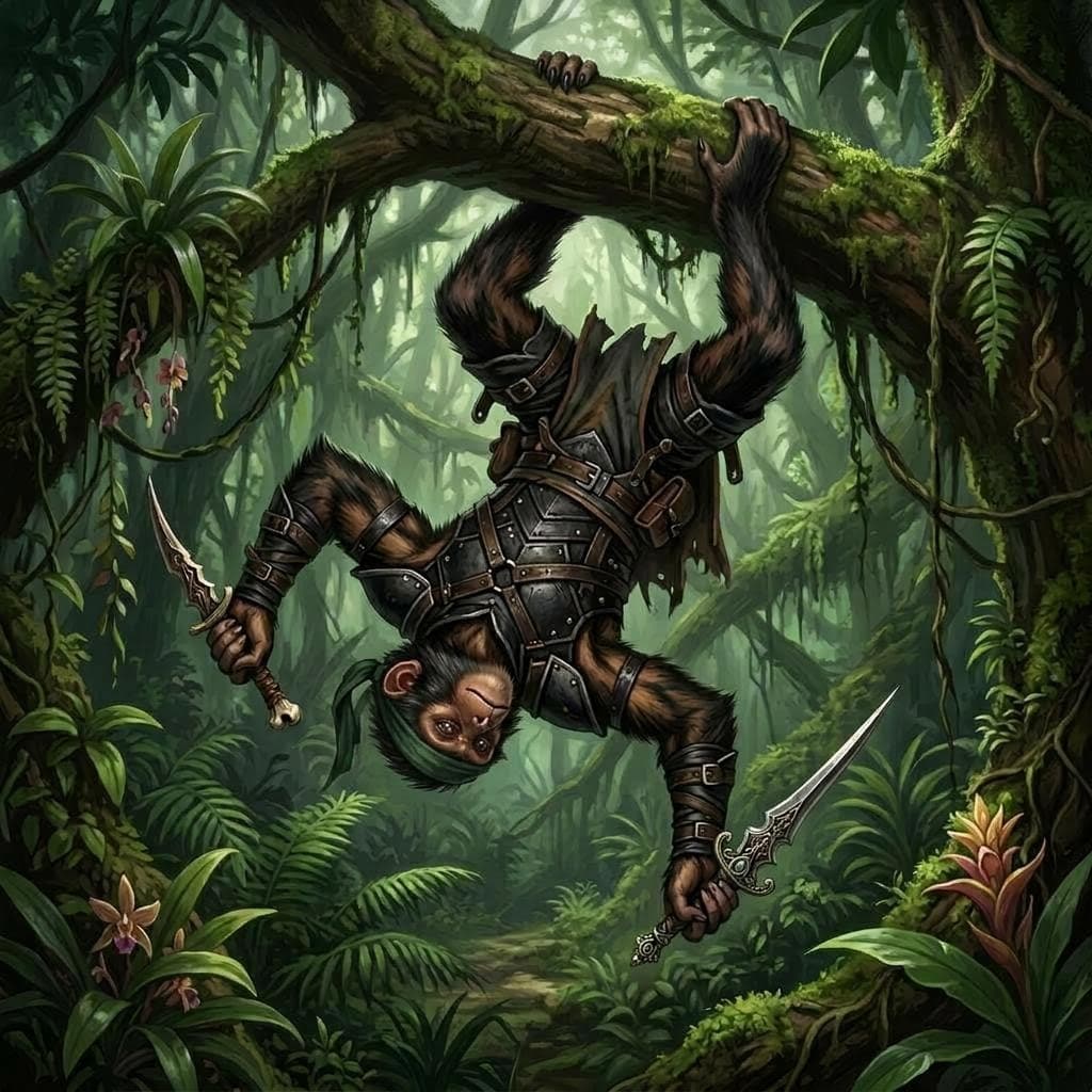 AI generated: a male gibbon monkey man hybrid with dark brown fur with streaks of black and wearing black leather ...