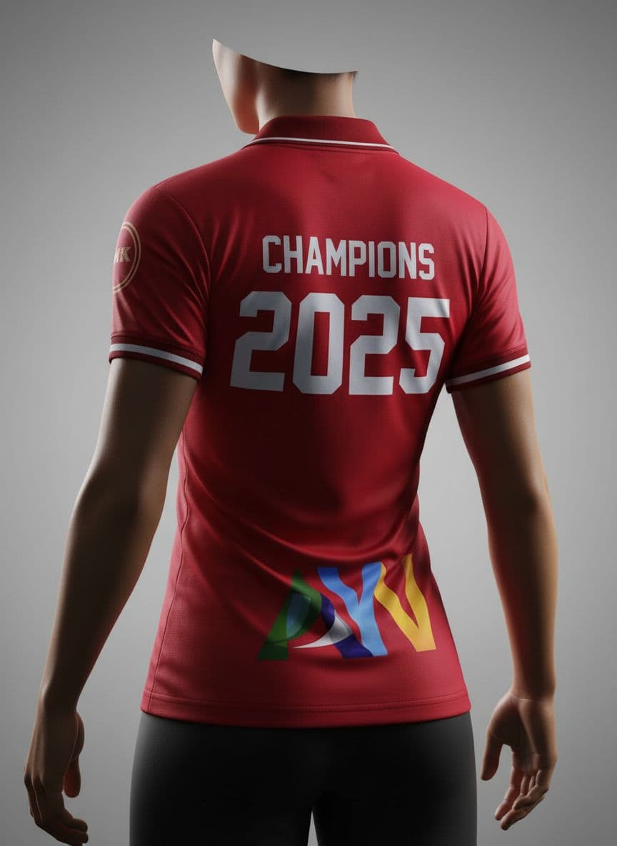 AI generated: A rear view  female body type realistic 3D mock-up of a red soccer jersey in a rear-view power pose,...