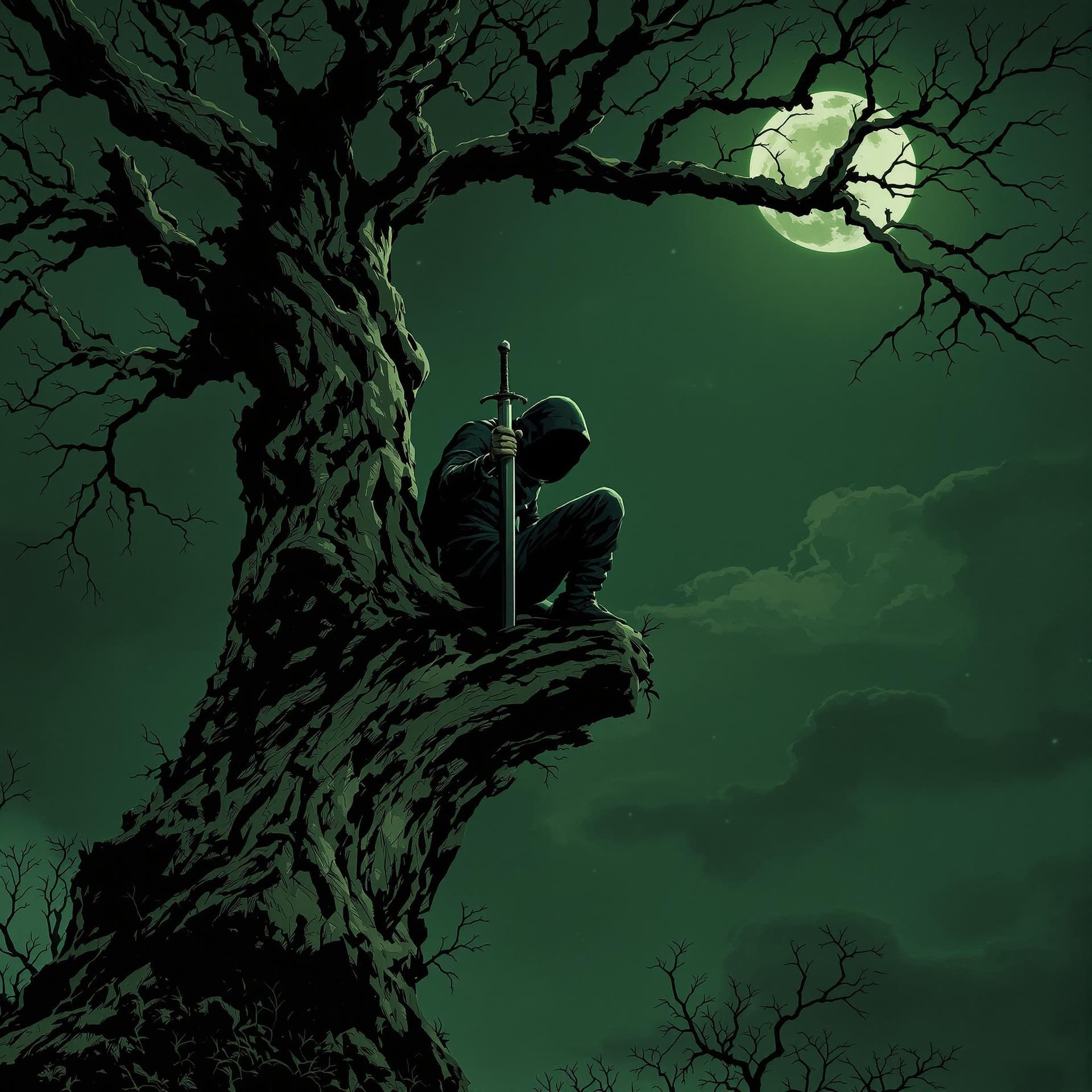 AI generated: A hooded figure sits on the edge of an old tree, holding a sword in one hand, under a full moon, fan...