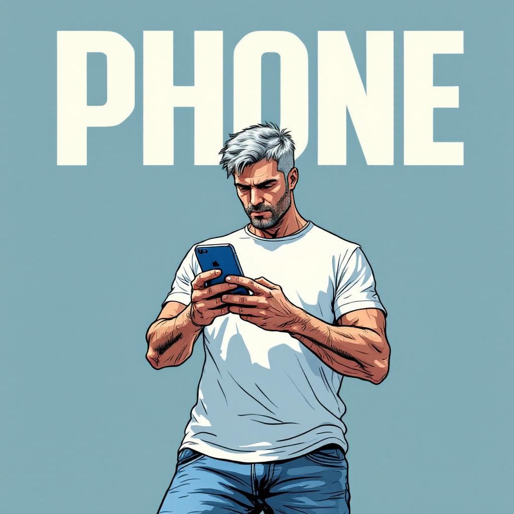 AI generated: Cartoon illustration, comic book cover featuring a handsome Caucasian man with burst-taper grey hair...