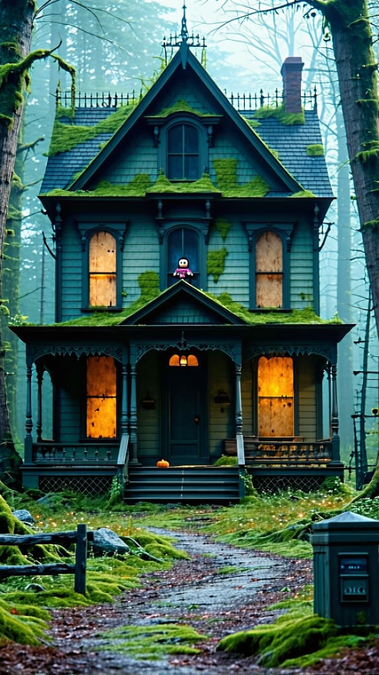 AI generated: A very detailed photo-realistic 1920's haunted mansion, with boarded up windows with a over grown di...