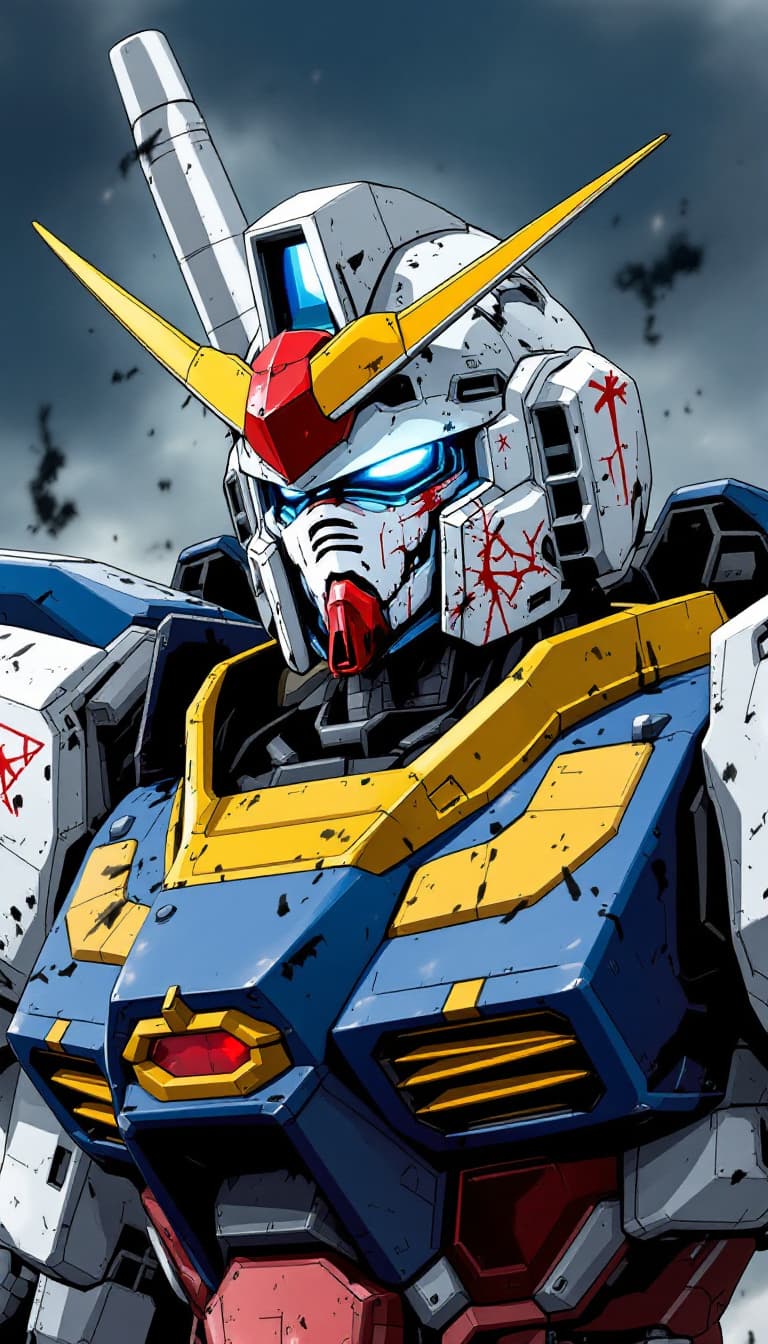AI generated: illustration of RX-78-2 Gundam, with skull face, battle damage, shield and weapon, in the style of K...