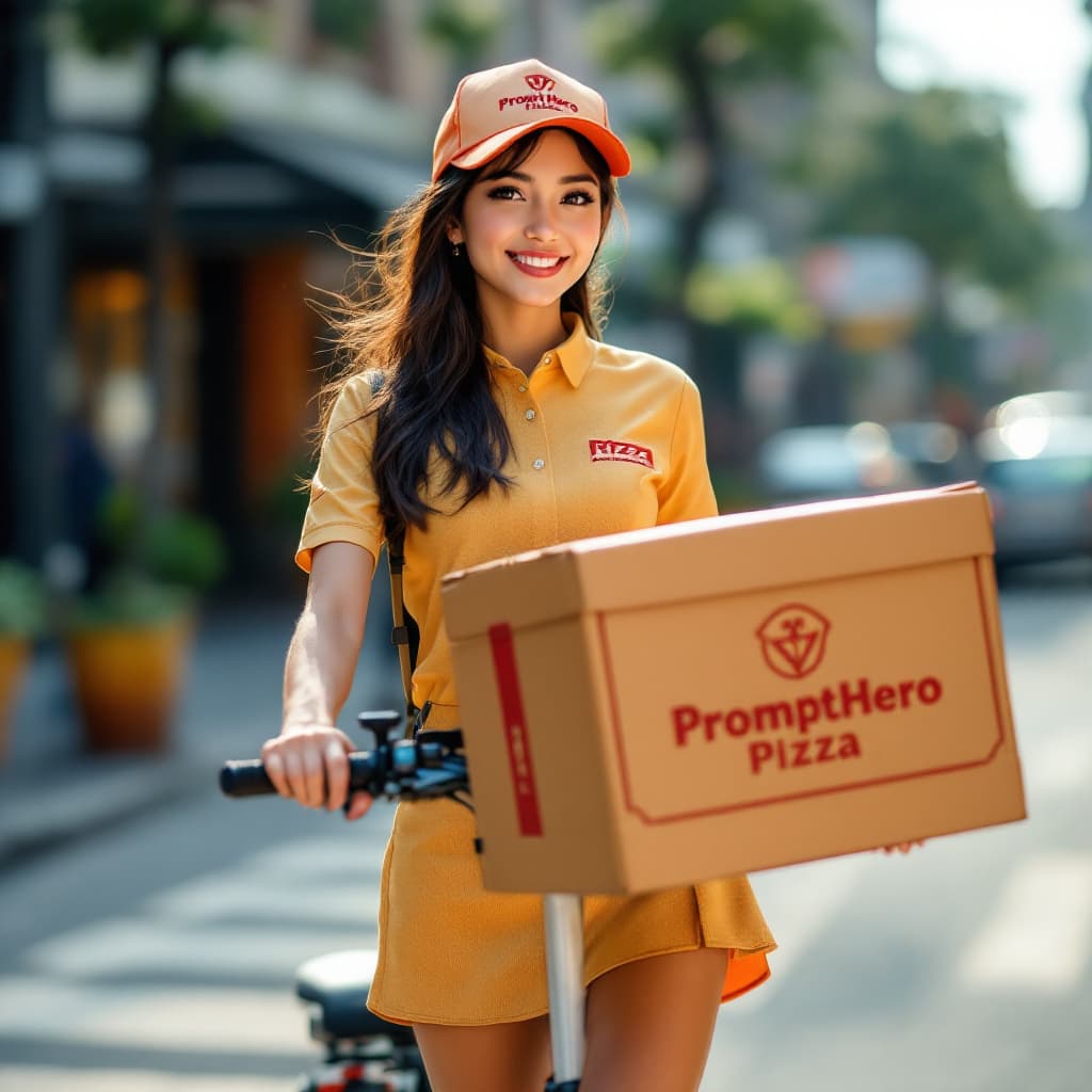 AI generated: a pertty female, pizza shop uniform,mini skirt,E-Scooter, deliver pizza,the pizza box logo"PromptHer...