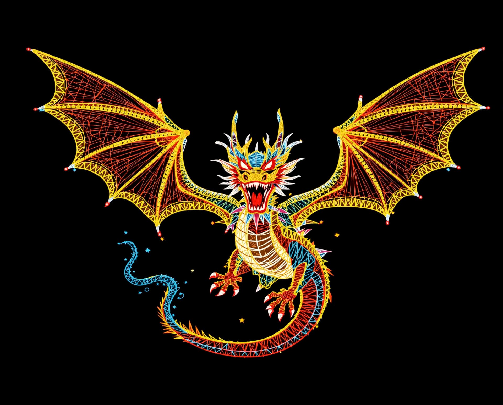 AI generated: String art style, string art style create a string artwork using colored thread of a dragon in fligh...