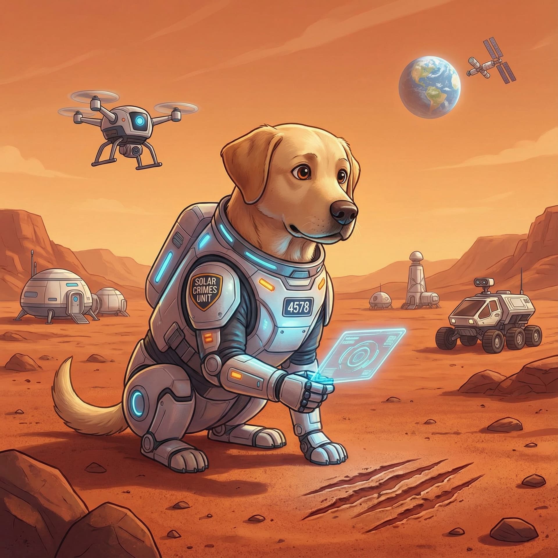 AI generated: Perro labrador futurista (sin nacionalidad) en marte que es investigador de crimenes, en estilo de p...