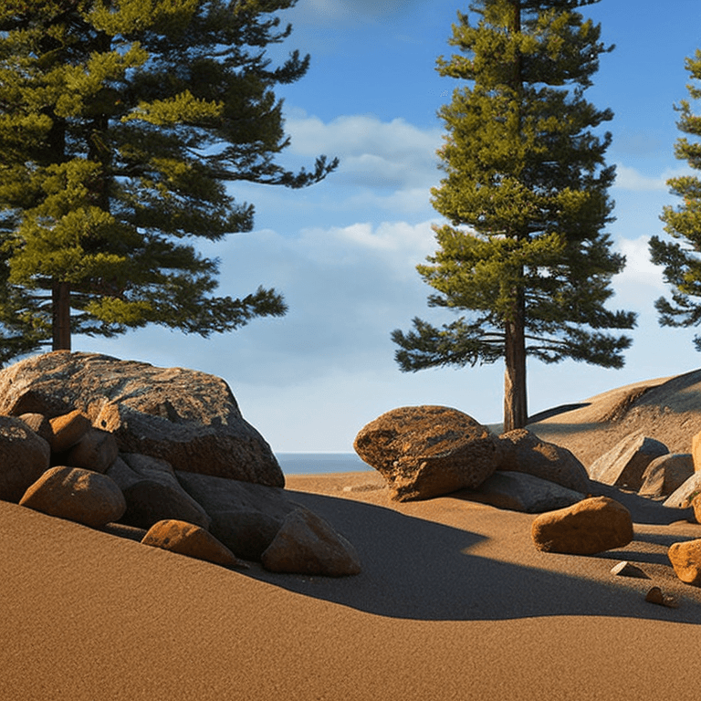 AI generated: photorealistic oil on canvas,
sparse clouds in a soaring sky, beach,
small blue spruce trees, rocks,...