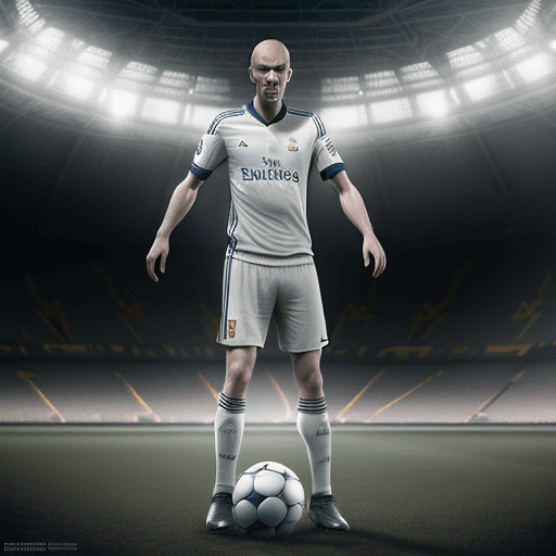 AI generated: hyper realistic zinedine zidane, barcelona equipation authentic, with soccer ball, with, futuristic,...