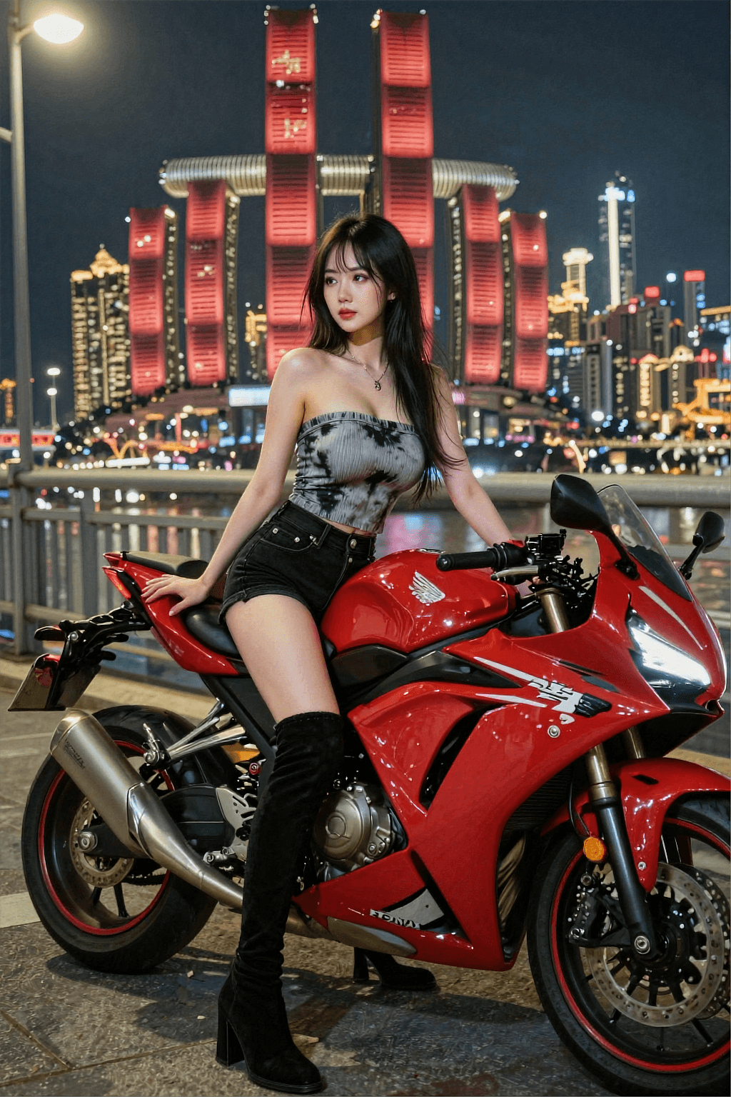 AI generated: The image is a high-quality, photorealistic night portrait of a stylish young Asian woman posing wit...