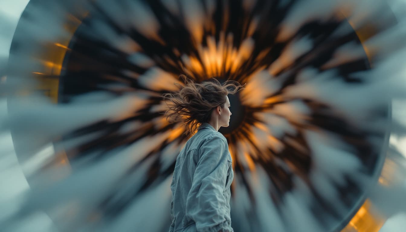 AI generated: Sideview of a woman stands behind a roaring jet engine, feeling the force of the blast. Her clothes ...