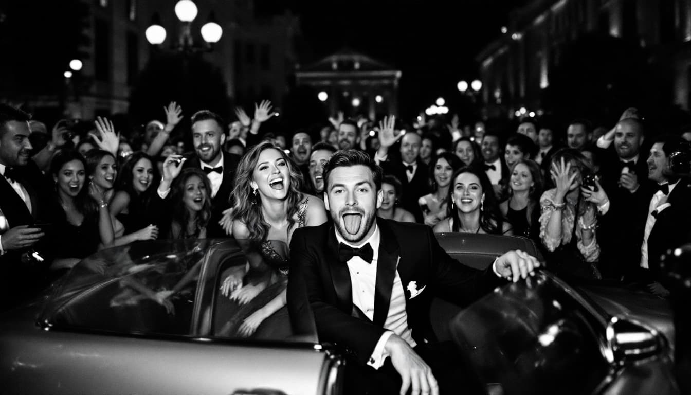 AI generated: A black-and-white scene capturing the lively atmosphere around the iconic moment of the man playfull...