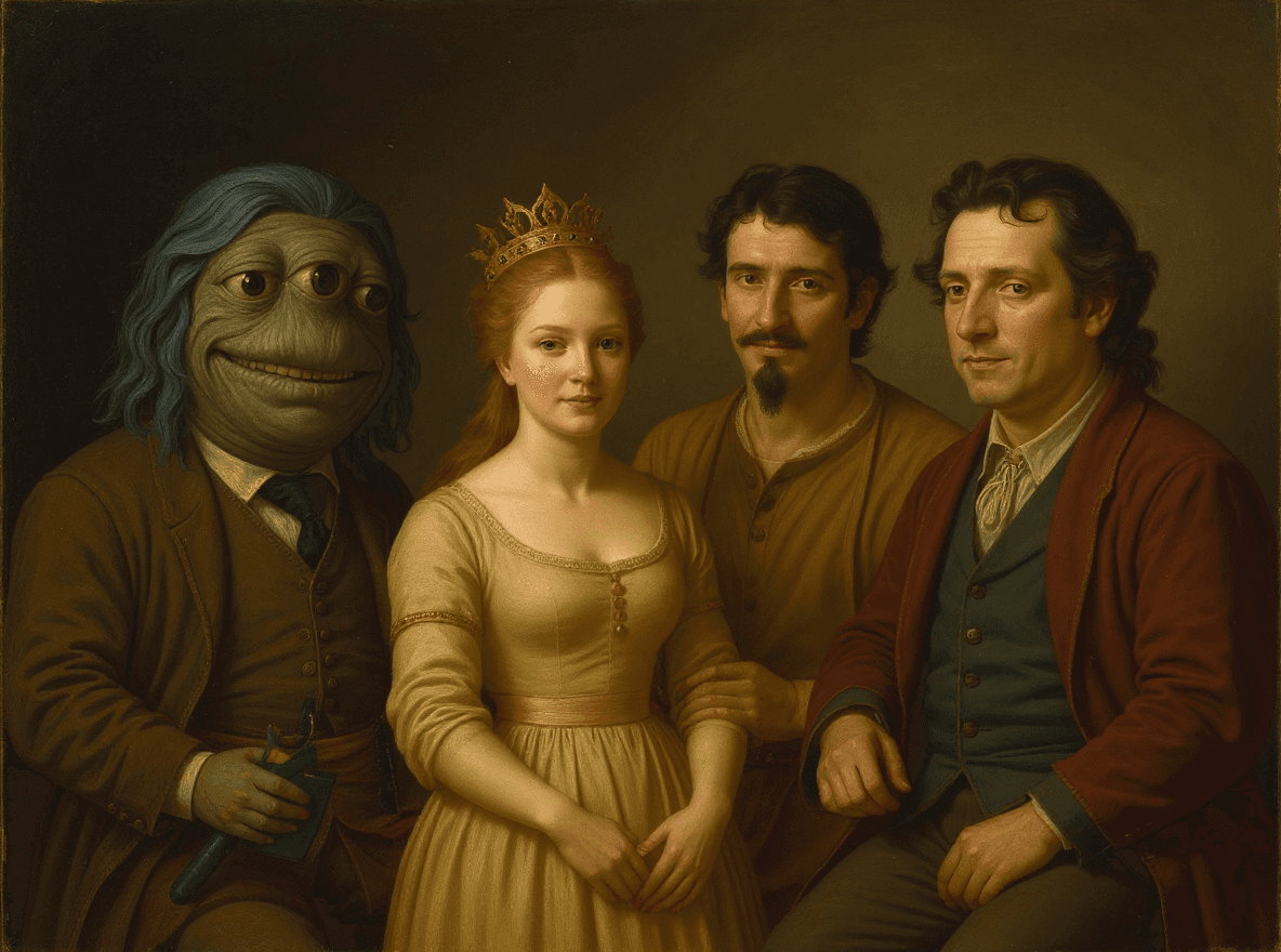 AI generated: a renaissance group photo of the characters in their facial angle and defining characteristics, hous...