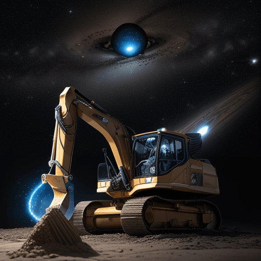 AI generated: 
Hyperrealistic photograph at eye level of a Caterpillar brand excavator 
 with outer space landscap...