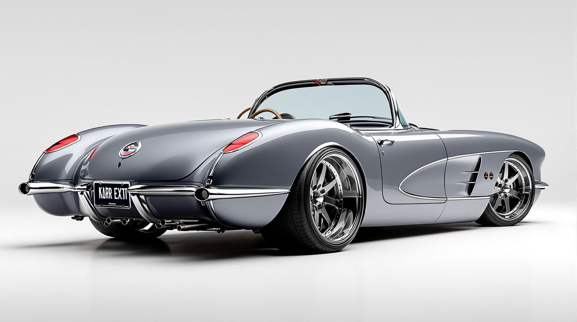 AI generated: Hyper realistic 1958 chevy corvette convertible, rear top side view, gray color, restomod with 20" d...