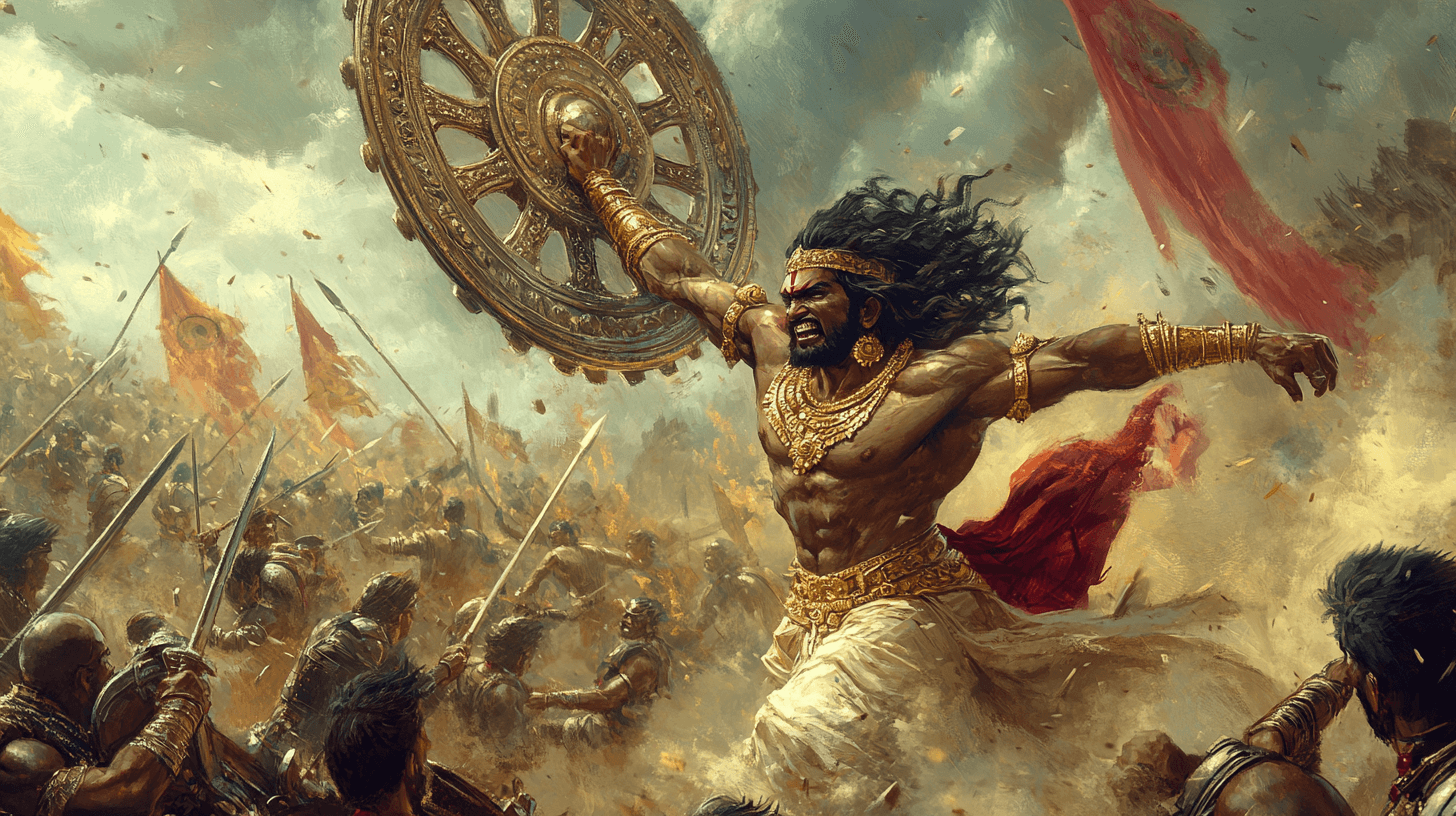 AI generated: An epic Frank Frazetta-style painting of Abhimanyu from the Mahabharata, medium-muscled and powerful...