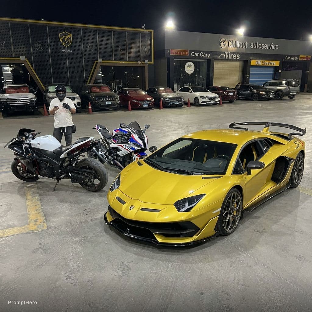 AI generated: Add Lamborghini Aventador and generate it as very real photo