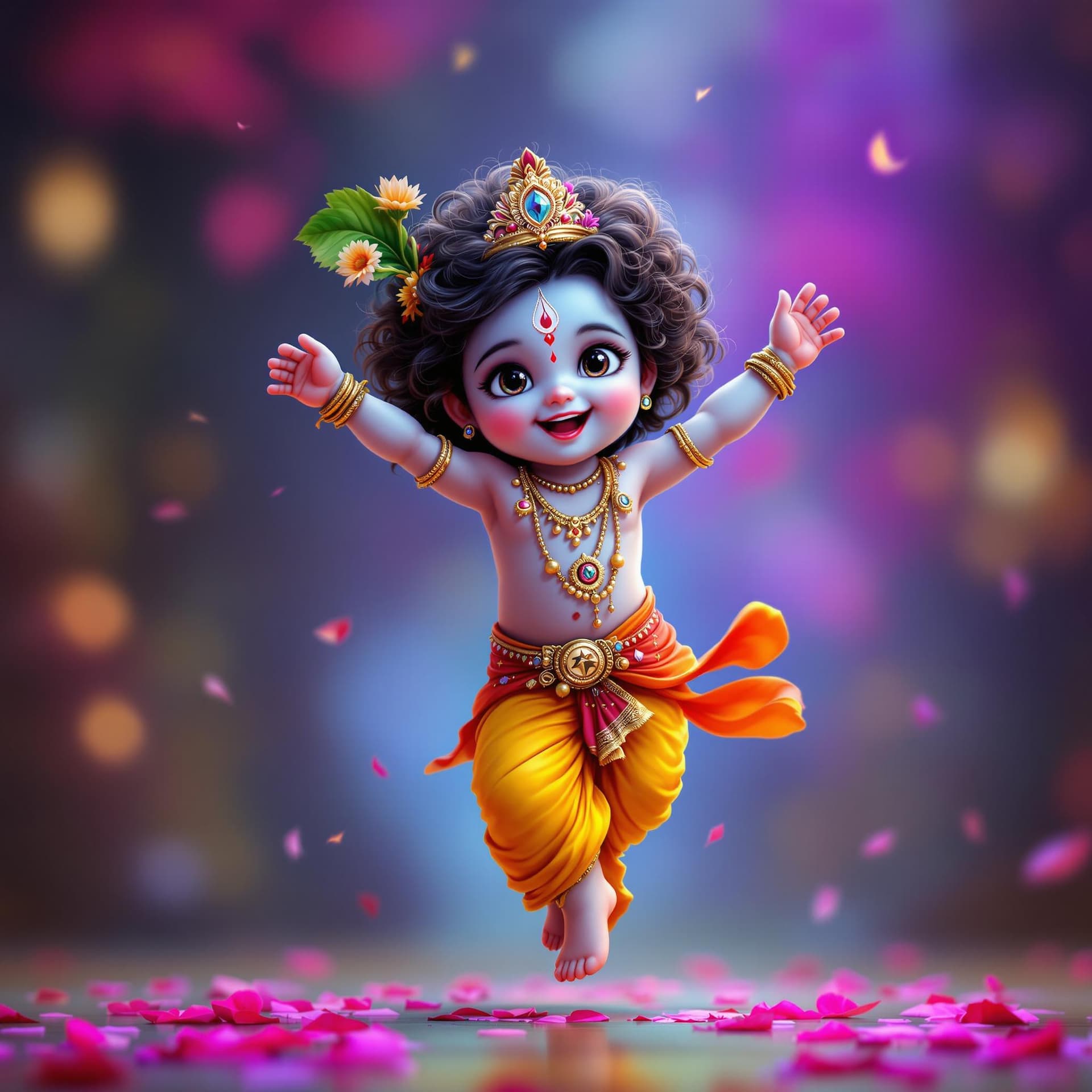 AI generated: Realistic image of cute little Krishna dancing with joy