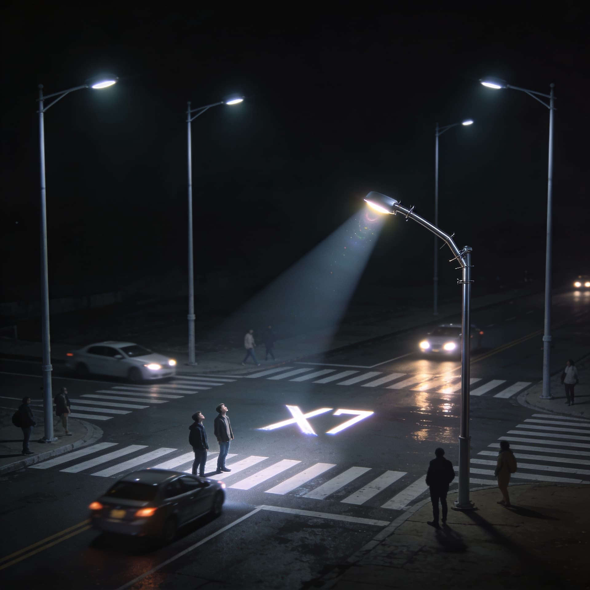 AI generated: One-shot cinematic reel, 15 seconds, night-time city street intersection. The camera is static on a ...