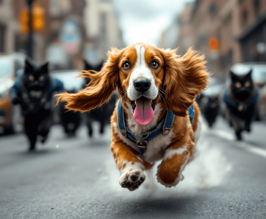 AI generated: A Cute ((Basset hound with Floppy Ears blowing in the breeze)) as he is running down the middle of a...