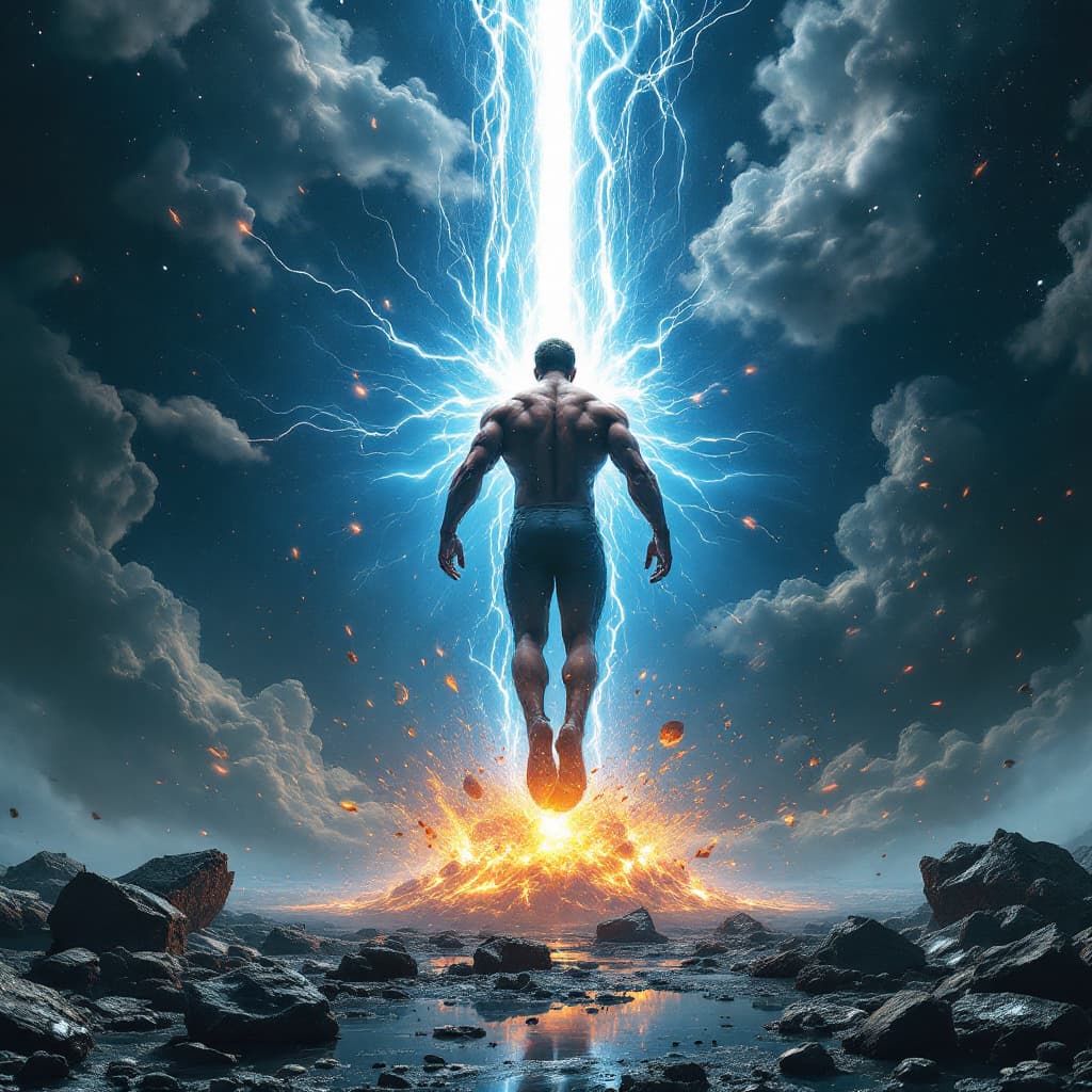 AI generated: Darkwave, synthwave,  epic music album cover. It portrays a close up of a floating very muscular per...