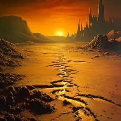 AI generated video: The camera moves along the surface of an alien planet towards a setting sun, clouds in the sky seem ...