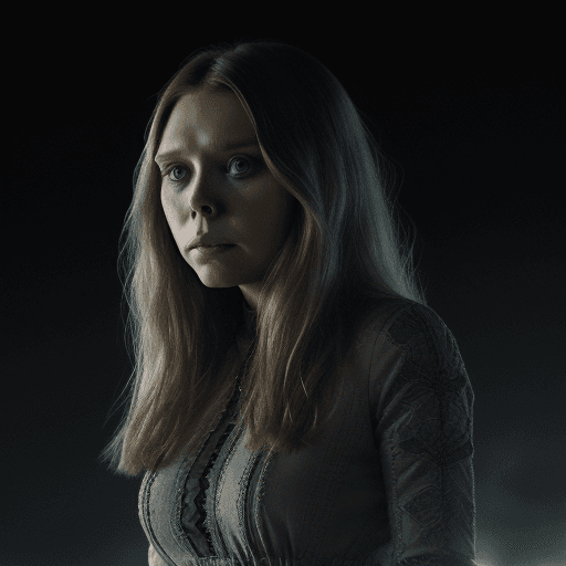 AI generated: elizabeth olsen, halfway down the thighs portrait,  dress, night, cinimatic light, dark background, ...