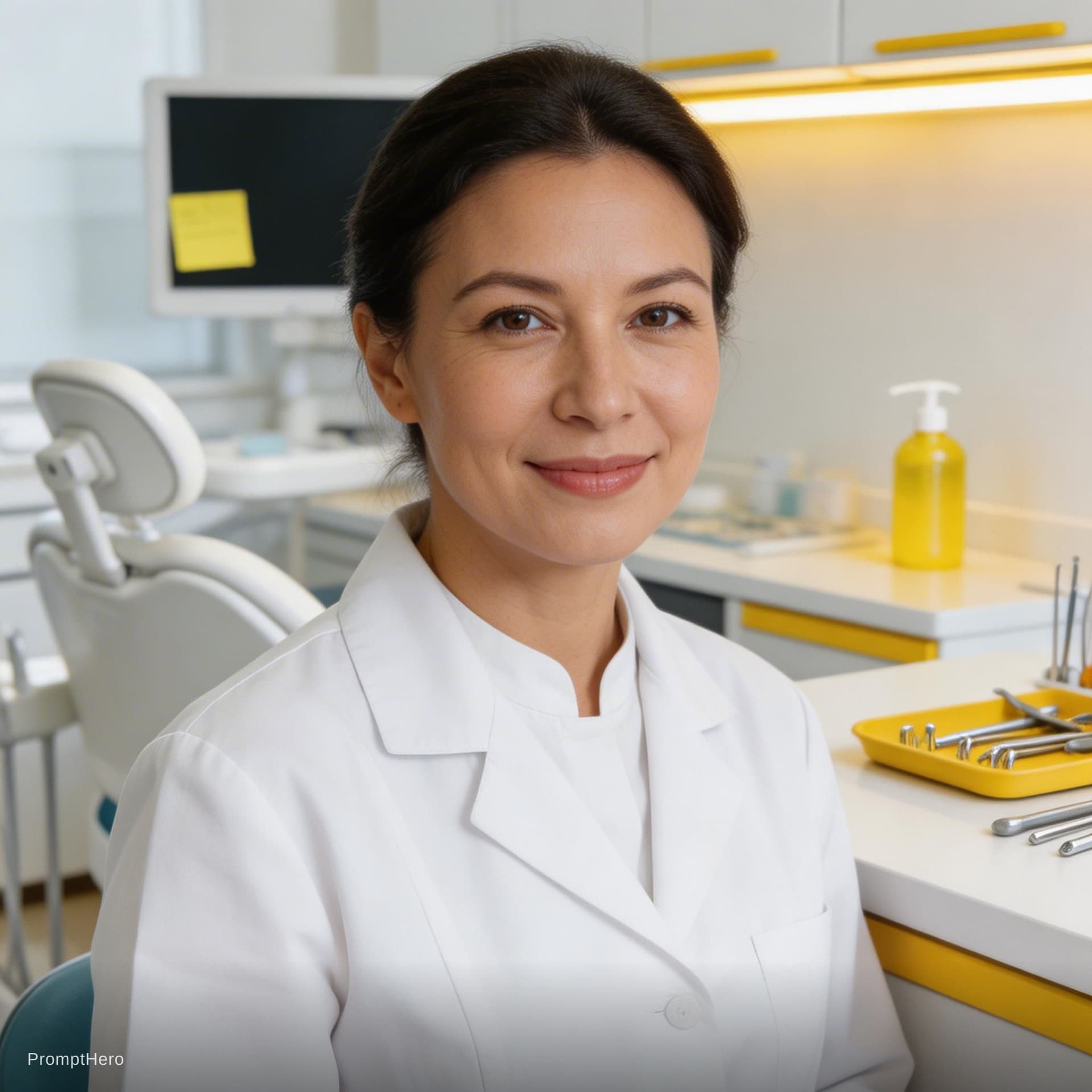 AI generated: photo shot of dentist. She is 35 years old. She's at work. She smiles slightly. A dentist's office i...