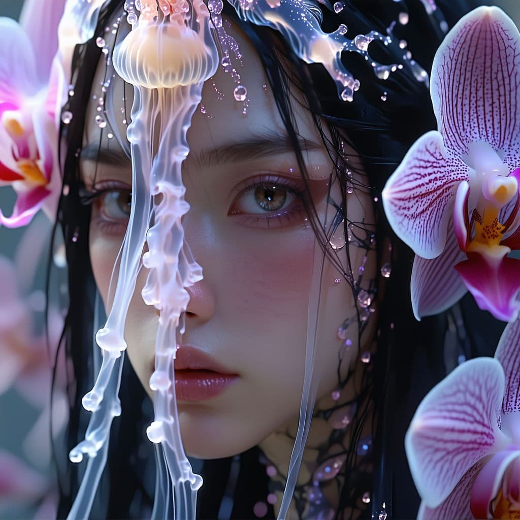 AI generated: Goddess close-up portrait ribcagel. jellyfish phoenix head, nautilus, orchid, skull, betta fish, bio...