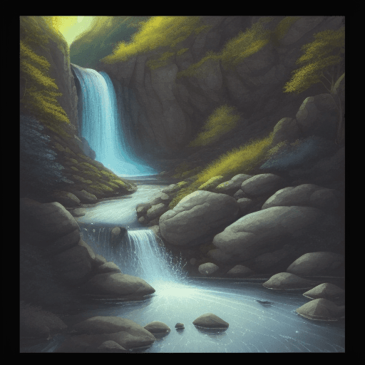 AI generated: Illustration of A serene mountain stream or waterfall. L-cut, Diamond pattern background, Chibi, Gou...
