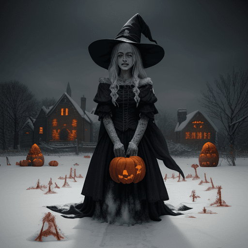 AI generated: the haunting image of a witch in a snow covered field, surround by Christmas presnts and blood pumpk...