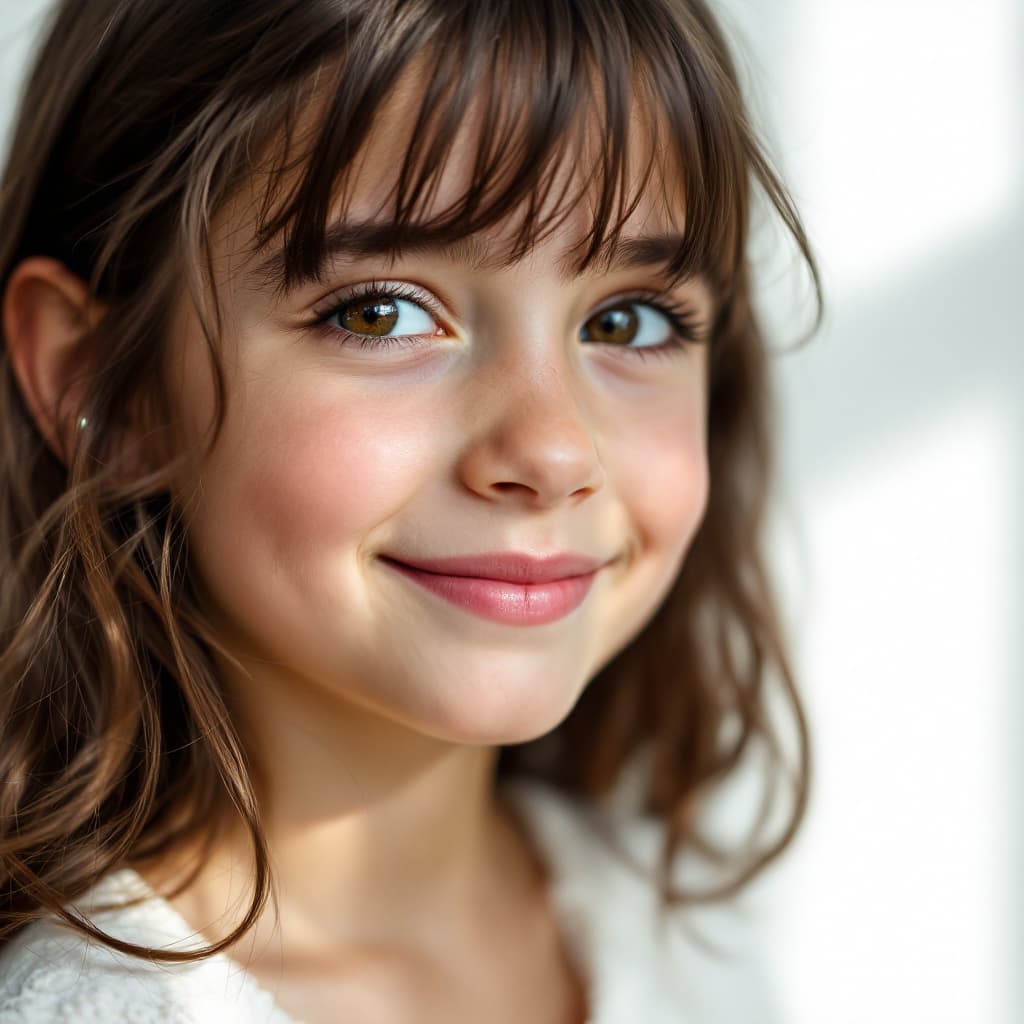 AI generated: close-up of a 7 year old with a smile curling from her lips against a white background, her features...