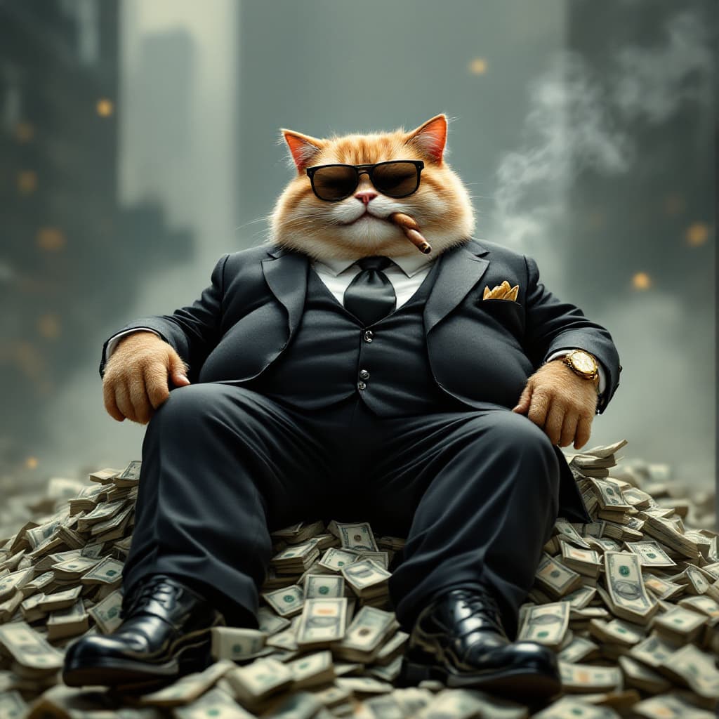 AI generated: A grotesquely fat humanoid cat in a sharp three-piece suit and tie lounges smugly on a mountain of s...