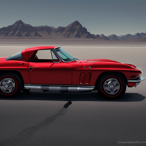 AI generated: side view, red 1964 Chevrolet Corvette on the Bonneville salt flats in utah, in the style of dark gr...