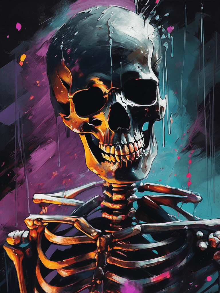 AI generated: acrylic painting, splatter and drip painting technique, portrait of a skeleton, digital illustration...