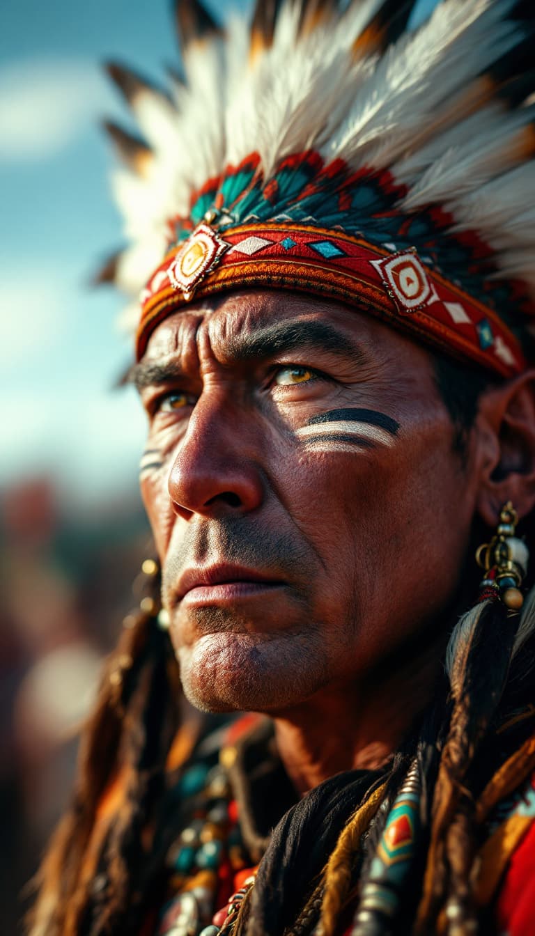 AI generated: cinematic image features a mid shot  of a man with a strong, intense expression. He is adorned in tr...