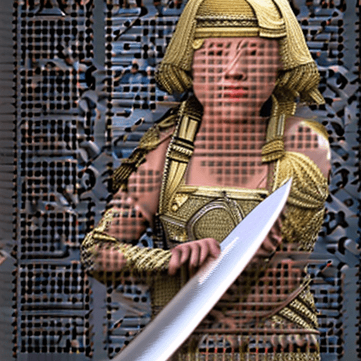 AI generated: Ultra detailed malay woman face with a sharp sword, ultra details faces skin with ultra detail blond...