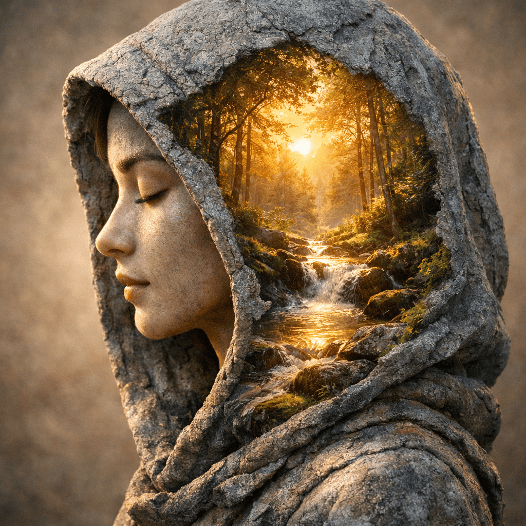 AI generated: A side profile of a person is centered within the frame, encased in a hooded garment, likely made of...
